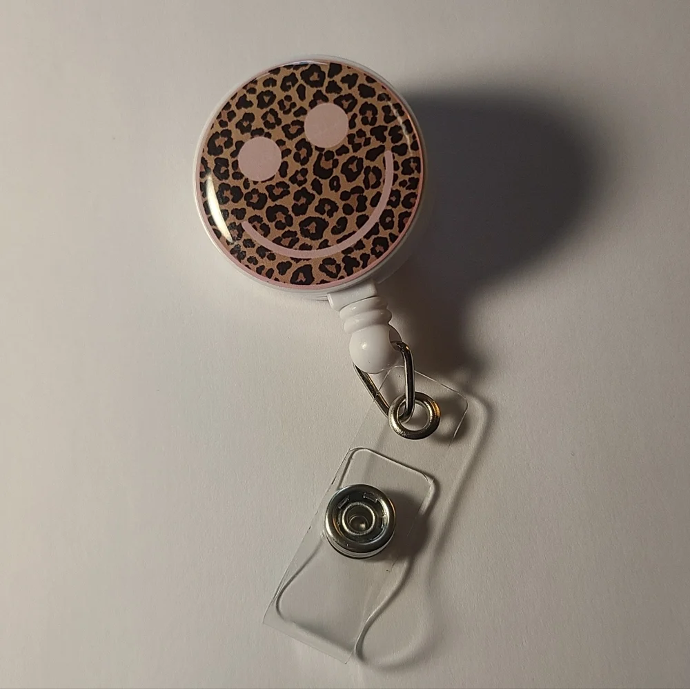 Leopard Print Smiley Face Retractable Badge Reel — White